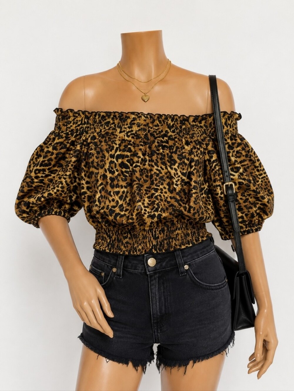 Boho Tribe Carola Top Silk Blend Leopard Off Shoulder Puff Sleeve Blouse NWT S
